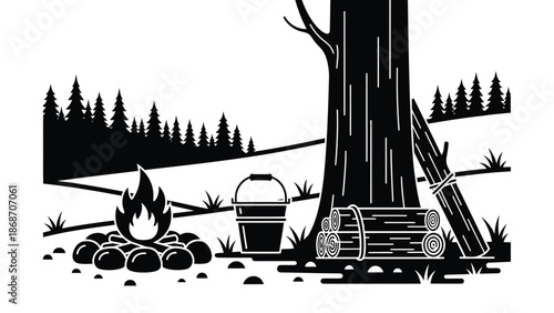 A serene camping scene with a campfire and tree in a peaceful forest