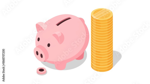 Isometric illustration featuring a pink piggy bank with a tall stack of golden coins, representing financial security, smart savings, and investment growth