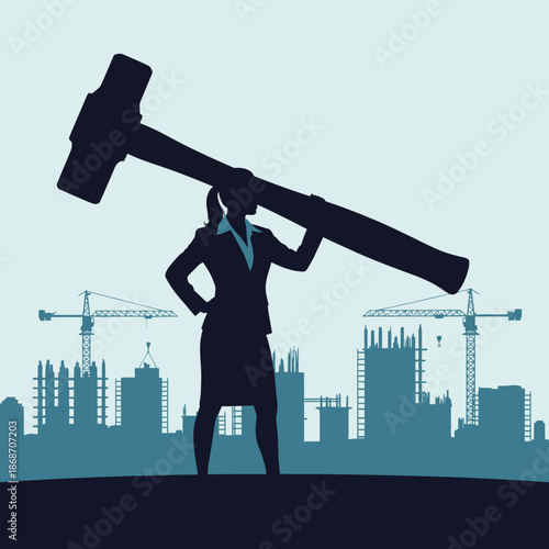 Businesswoman holding large hammer construction site.