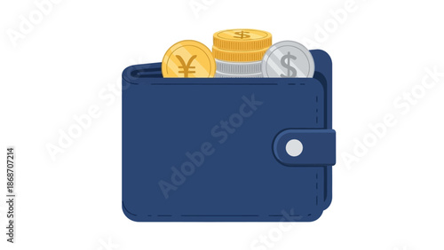 Vibrant illustration of a blue wallet filled with diverse gold and silver coins, symbolizing financial abundance, smart savings, and effective money management for business and personal use