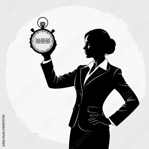 Businesswoman Holding Stopwatch Silhouette Profile.