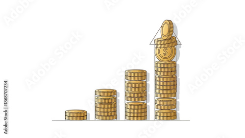 Concept of financial success illustrated by growing stacks of golden coins, symbolizing increasing wealth, savings, and investment over time for future prosperity