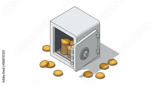 Isometric illustration of an open safe full of gold coins, symbolizing financial security, wise investments, and personal wealth growth through diligent savings