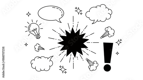 A creative illustration of a lightbulb and speech bubbles with an explosion of ideas