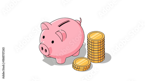 Pink piggy bank and gold coins, a clear symbol for saving money, financial planning, investment, and wealth accumulation for a secure and prosperous future