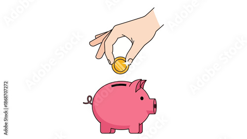 Illustration of a hand placing a golden coin into a classic pink piggy bank, symbolizing smart financial saving, investment, and future wealth management for economic security