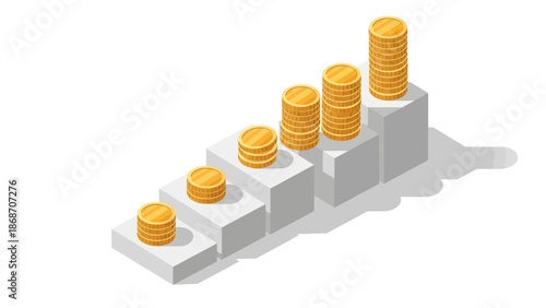 Isometric illustration of golden coin stacks on a rising staircase, symbolizing continuous financial growth, increasing investment returns, and successful business development