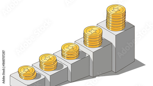 Visualizing financial growth and investment success through increasing stacks of golden coins on a rising bar chart, symbolizing consistent profit and accumulating wealth