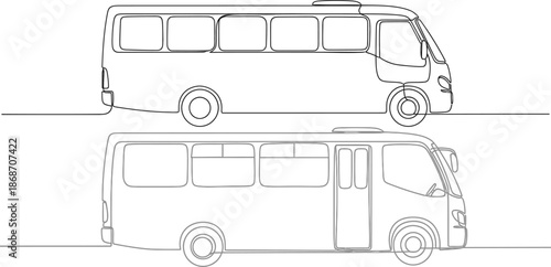 Minimalist Line Art Depicting Two Buses Side-by-Side, One Above the Other