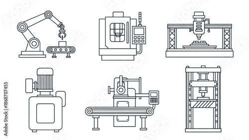 An illustration of various industrial machines and equipment in a factory setting