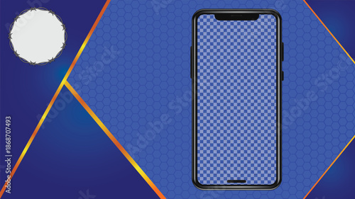 A smartphone with a blue and white checkered screen on a blue background with yellow lines and a white circle with mobile and technology and display