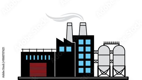 An illustration of a factory with smokestacks and industrial buildings