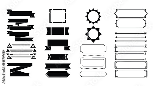 A collection of various black and white label and banner icons on a plain background