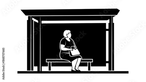 A woman sits alone on a bench in a quiet bus shelter at night