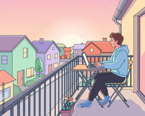 Young man working on laptop at balcony table, enjoying sunset view over colorful suburban houses, peaceful outdoor home office, flat vector illustration of remote work and freelance lifestyle.