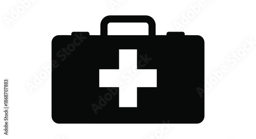 A stark black medical case with a prominent white cross symbol presented as a simple silhouette