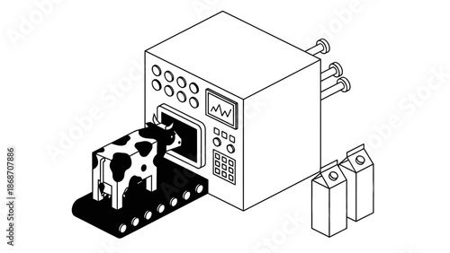 An illustration of a cow being milked by a modern automated machine