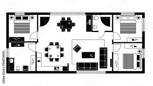 A detailed black and white floor plan of a modern home interior layout