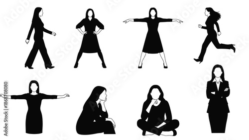 A collection of silhouettes depicting a woman in various poses and outfits