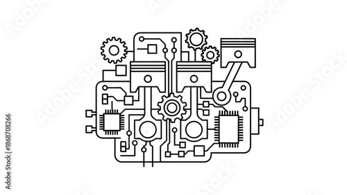 An illustration of a complex mechanical circuit board with gears and pistons