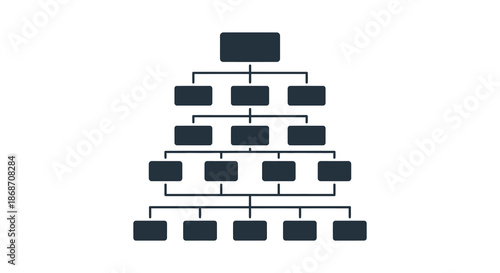 A dark graphic representation of a hierarchical structure with rectangular blocks forming a pyramid silhouette
