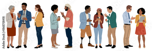 Flat minimalist illustration of diverse business professionals standing full length, engaged in conversations in a modern corporate setting. Vector  set isolated on transparent background