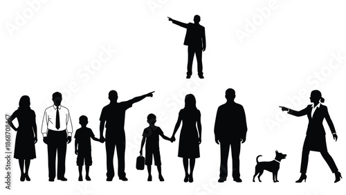 A group of people in black silhouettes standing together with a dog