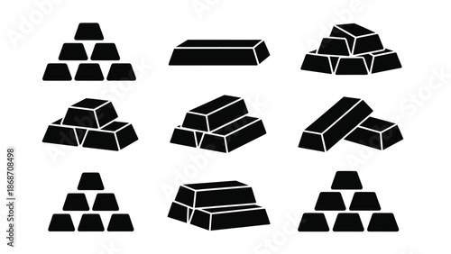 A collection of black gold bars in various stacks and arrangements
