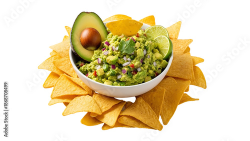 A bowl of guacamole dip with tortilla chips on transparent background