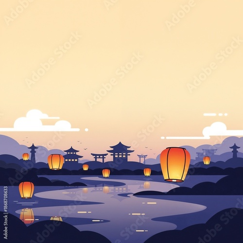 Obon greeting card with lanterns floating over river at night with copy space for text