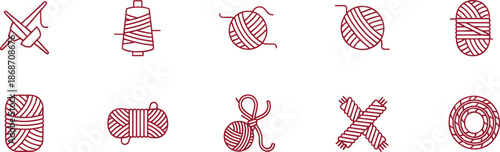 A simple outline icon set featuring various forms of yarn and thread for knitting and crafting projects