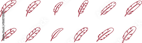 A repeating pattern of simple line art feathers in a red outline on a white background