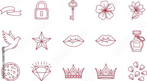 A collection of minimalist red outline icons for various decorative purposes on a white background