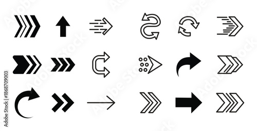 Arrow icons set, simple arrow collection, big set of directional arrows, minimal vector illustration, monochrome flat design, clean lines, isolated on white background