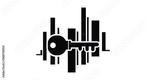 A striking black and white image featuring a key nestled among abstract skyscraper shapes silhouette