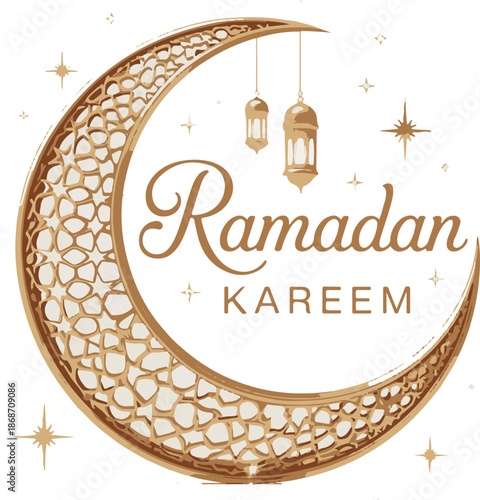 "Ramadan Kareem Greeting Card with Golden Ornate Crescent Moon, Lanterns, and Decorative