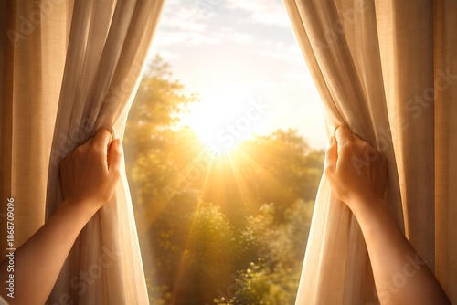 Hands opening curtain in morning light, new day concept