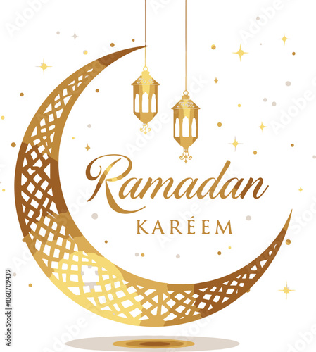 Elegant Golden Crescent Moon and Stars with Festive Lanterns - A Beautiful Vector Illustration for Ramadan Kareem Greetings and Islamic Celebrations
