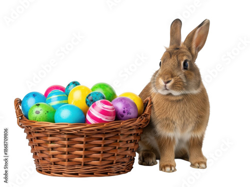 Rabbit with easter basket isolated on transparent background