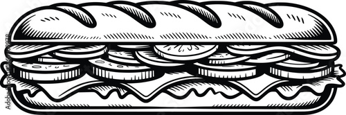Classic Sub Sandwich Line Art Illustration, Black and White Deli Food Vector.