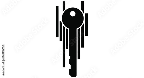 A striking black key design with elongated descending lines forms a bold silhouette