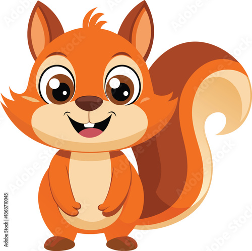 A cute, cartoonish orange squirrel with big eyes and a bushy tail, smiling