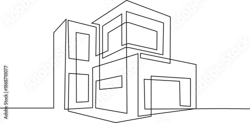 Flat  house or commercial building in continuous line art drawing style. One line draw on white background.