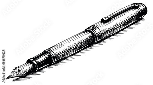 Hand drawn illustration of a fountain pen depicting an elegant writing instrument for communication and education