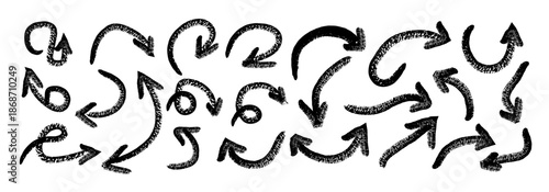Bold brush drawn curved arrows. Collection doodle marker thick arrows in different directions. Hand drawn vector direction pointers. Curved and wavy brush arrows