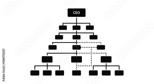 A stark visual representation of a hierarchical corporate organizational chart using black shapes and lines silhouette