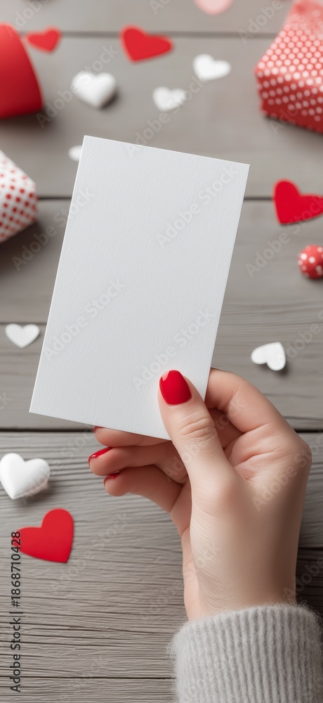 Obraz premium Woman's hand holding blank vertical card for Valentine's Day. Woman's hand holding white blank greeting card mockup with scattered red hearts