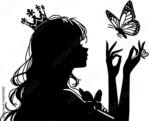 silhouette of a woman with crown and butterfly illlustration vector design 