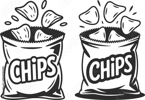 Potato Chips Bag Line Art Illustration, Crispy Snack Food Vector.
