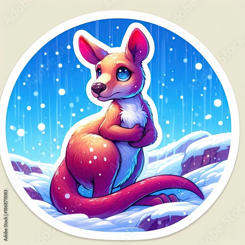 Cute baby kangaroo character in winter snow scene with gradient pink and purple colors round sticker design with white border